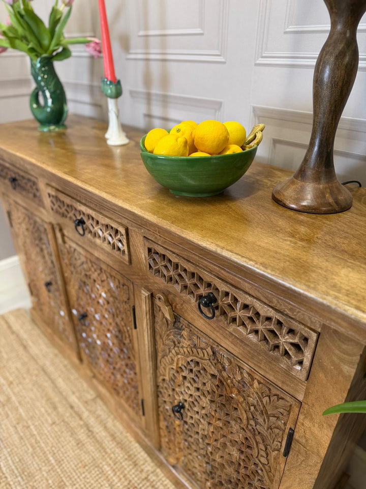 Three Door & Three Drawer Mango Wood Sideboard — Natural Polished Finish