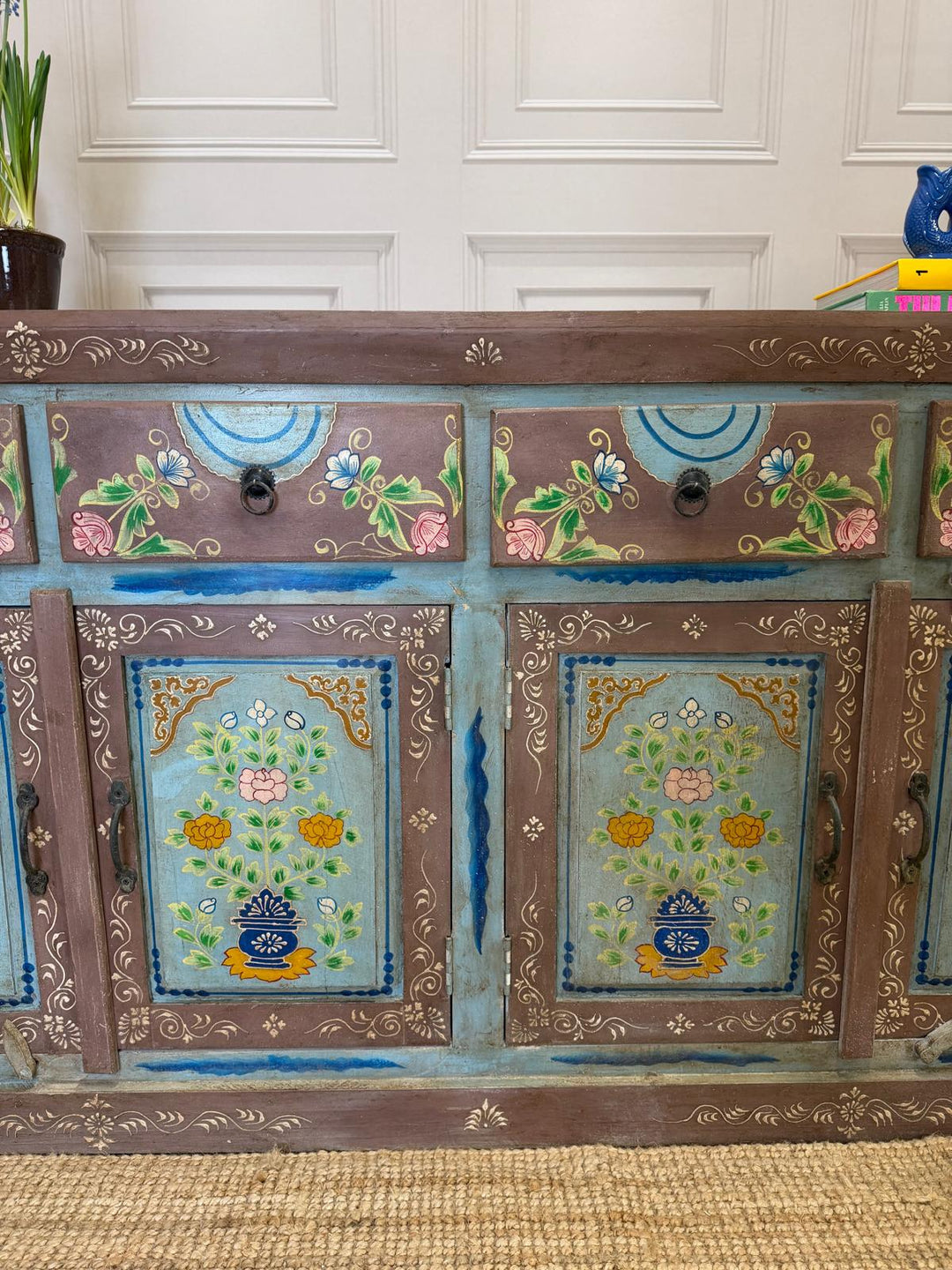 Vintage Hand-Painted Mango Wood Sideboard – 4 Doors, 4 Drawers, Turquoise Finish