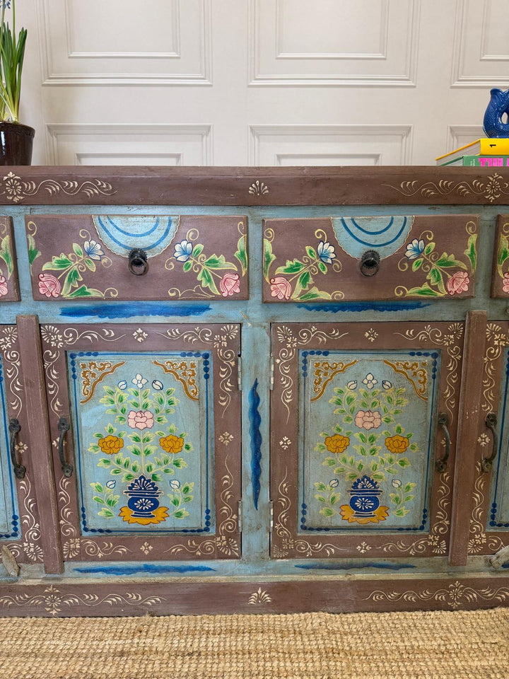 Vintage Hand-Painted Mango Wood Sideboard – 4 Doors, 4 Drawers, Turquoise Finish