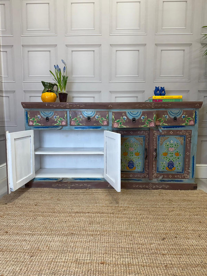 Vintage Hand-Painted Mango Wood Sideboard – 4 Doors, 4 Drawers, Turquoise Finish