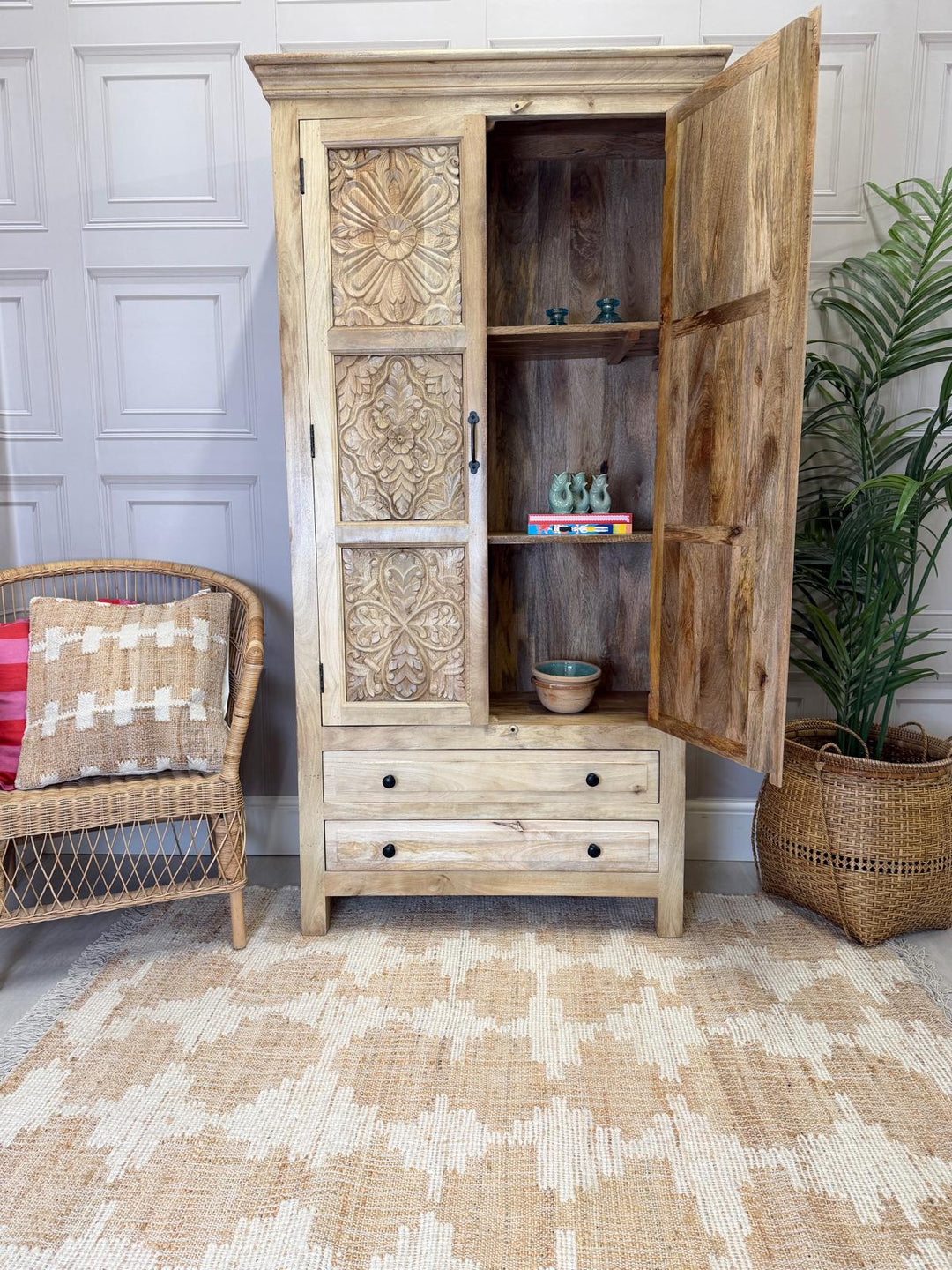 Two Door Two Drawer Mango Wood Wardrobe – Light Natural Finish