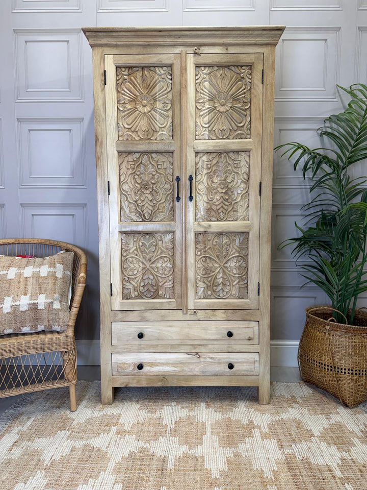 Two Door Two Drawer Mango Wood Wardrobe – Light Natural Finish