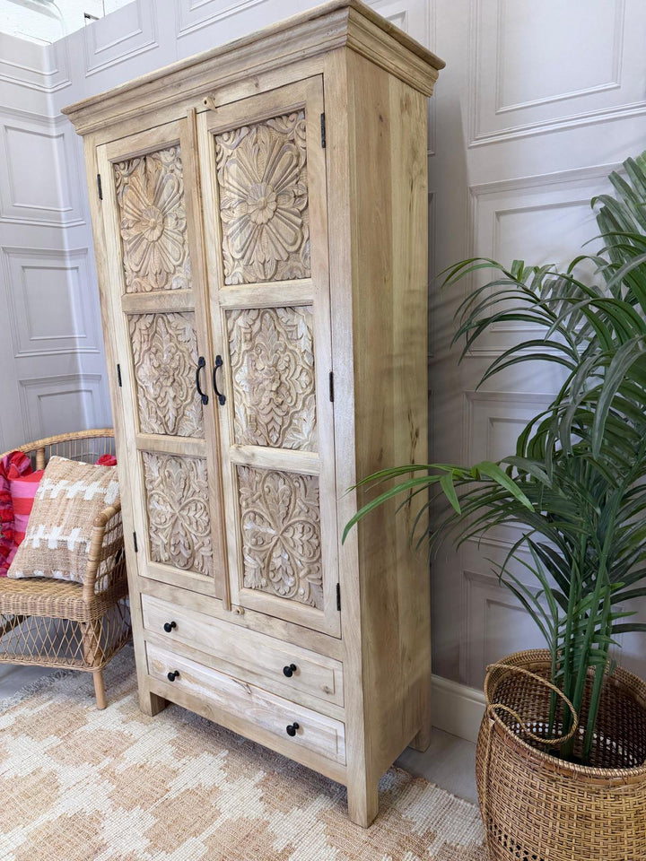Two Door Two Drawer Mango Wood Wardrobe – Light Natural Finish