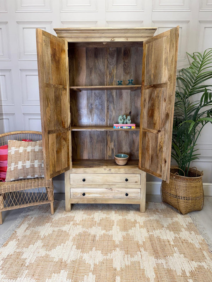 Two Door Two Drawer Mango Wood Wardrobe – Light Natural Finish