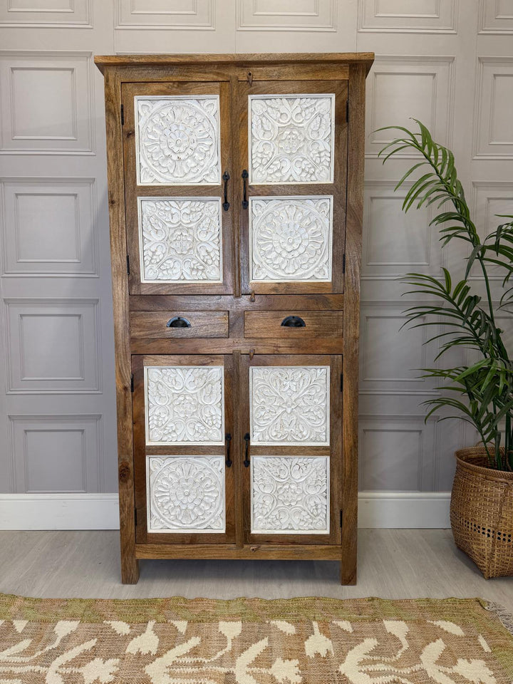 Mango Wood Four-Door Armoire – Whitewashed Carved Panels & Natural Polished Frame
