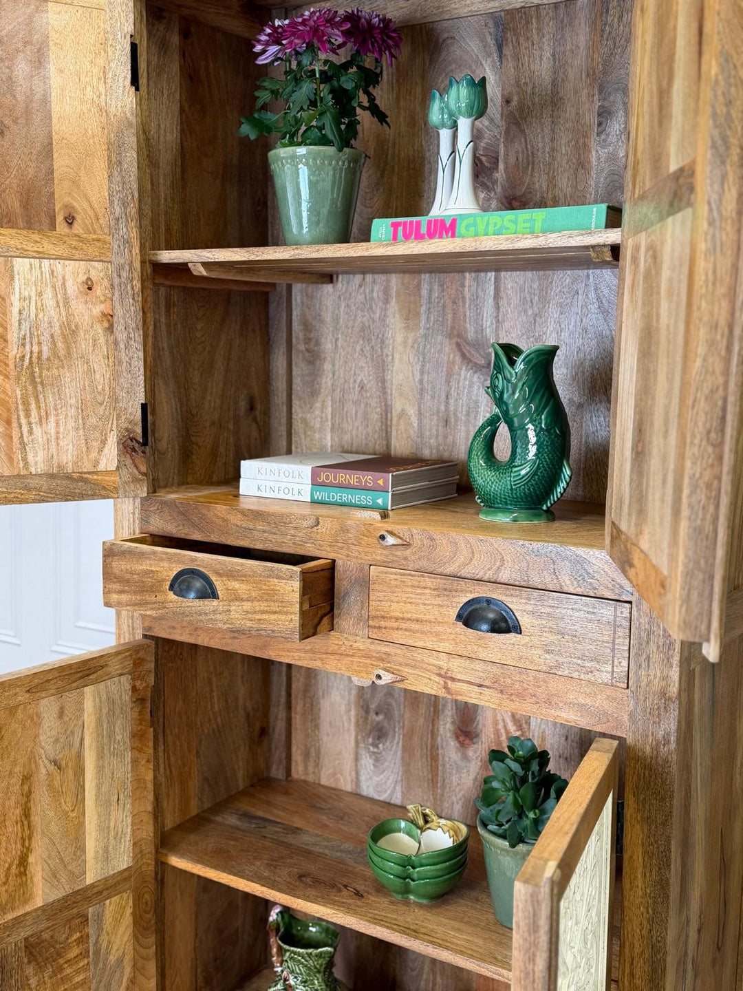 Mango Wood Four-Door Armoire – Whitewashed Carved Panels & Natural Polished Frame