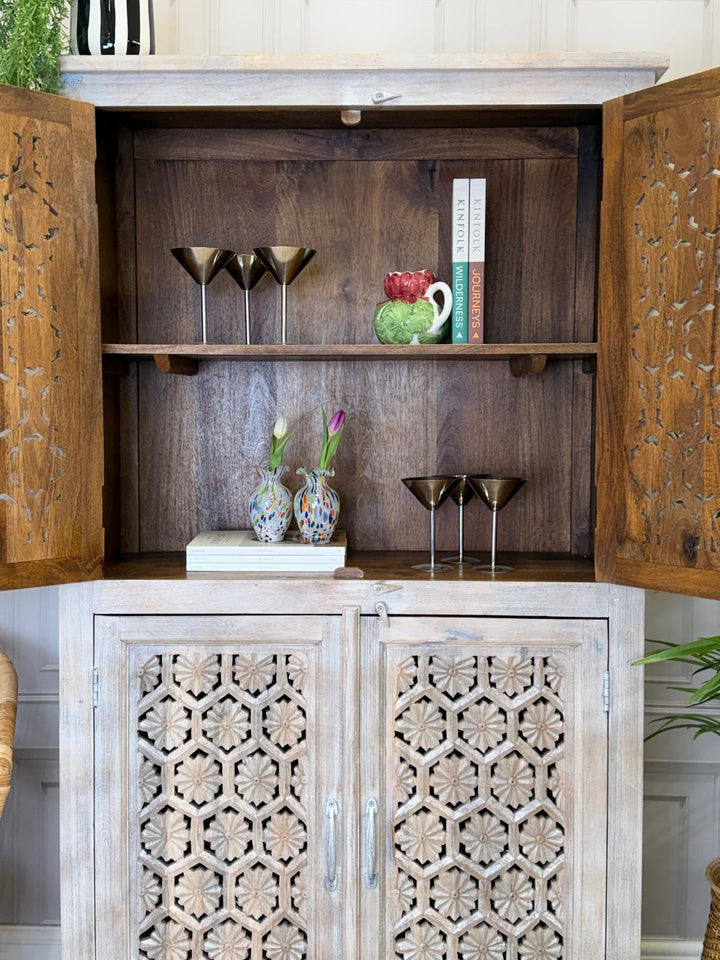 Creamwashed Mango Wood Armoire – Hand-Carved Jali Design with Internal Shelving