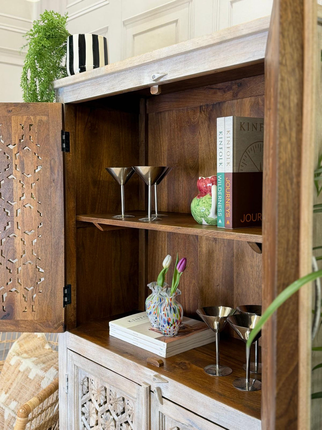 Creamwashed Mango Wood Armoire – Hand-Carved Jali Design with Internal Shelving