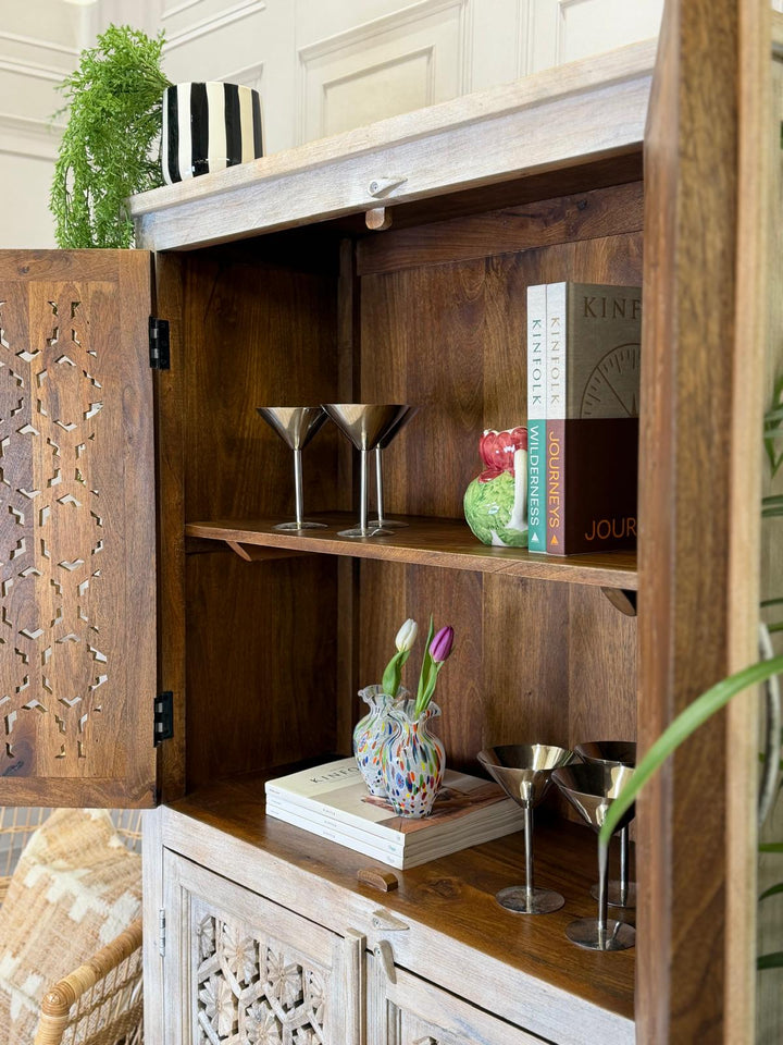Creamwashed Mango Wood Armoire – Hand-Carved Jali Design with Internal Shelving