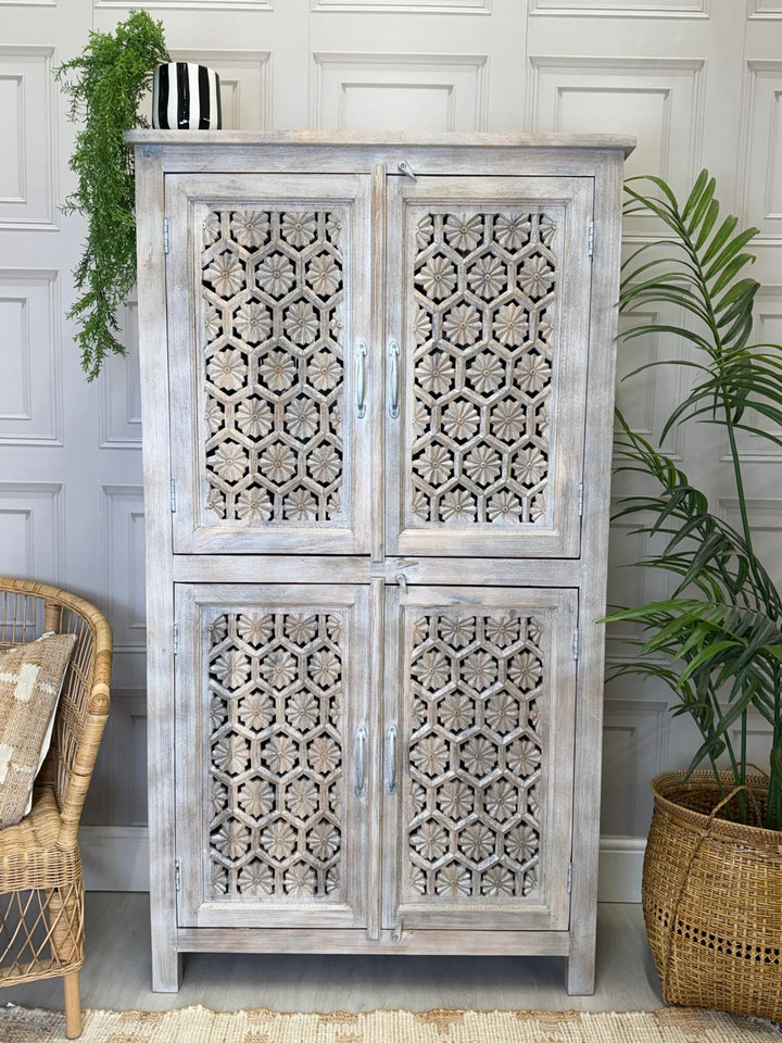 Creamwashed Mango Wood Armoire – Hand-Carved Jali Design with Internal Shelving