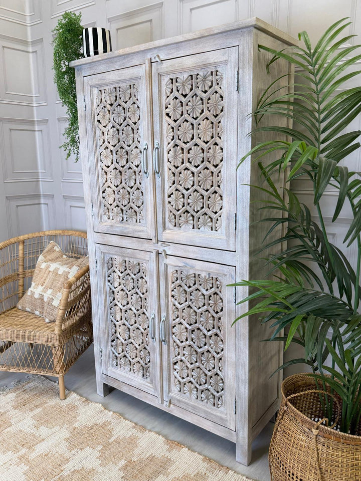 Creamwashed Mango Wood Armoire – Hand-Carved Jali Design with Internal Shelving