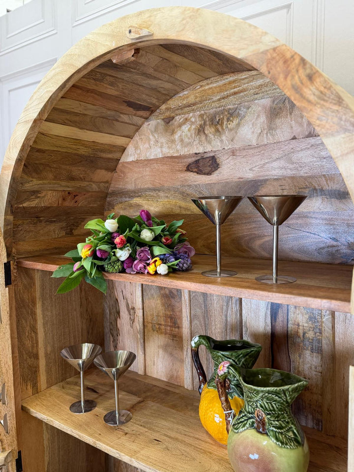 Arched Hand-Carved Mango Wood Armoire – Light Natural Finish with Floral Detailing