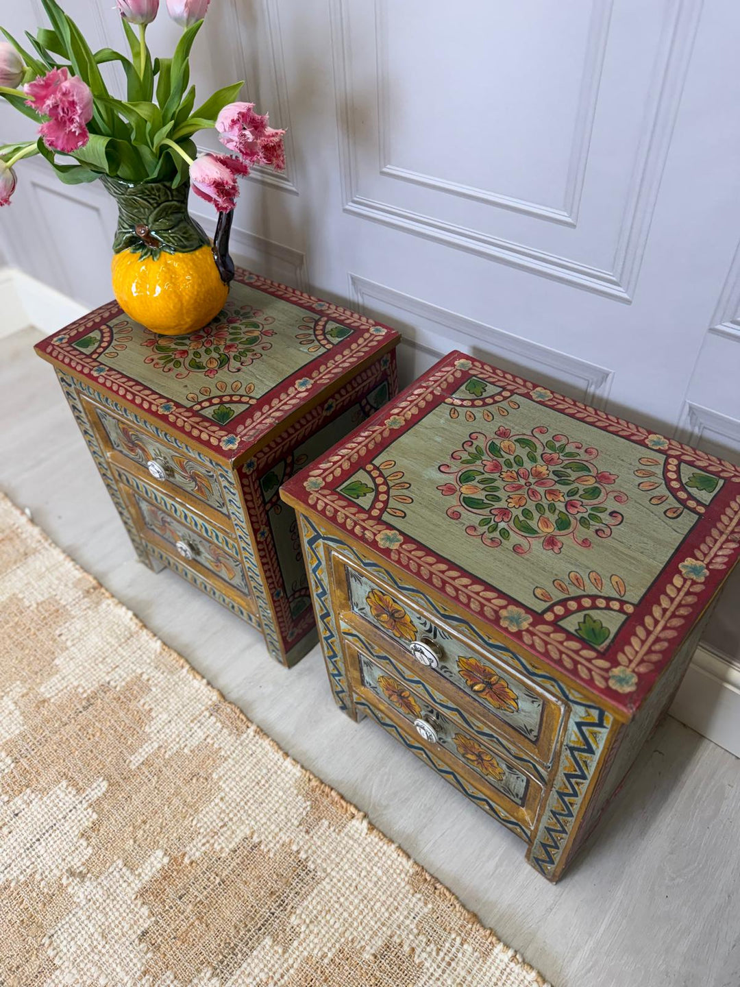 Pair of Hand-Painted Reclaimed Bedside Tables – 2 Drawers with Floral Motif