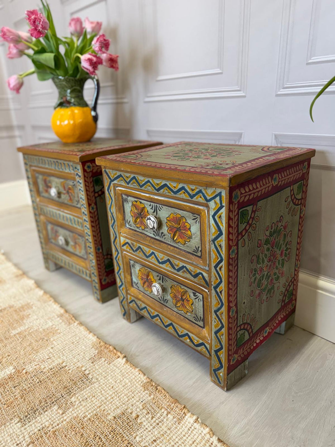 Pair of Hand-Painted Reclaimed Bedside Tables – 2 Drawers with Floral Motif