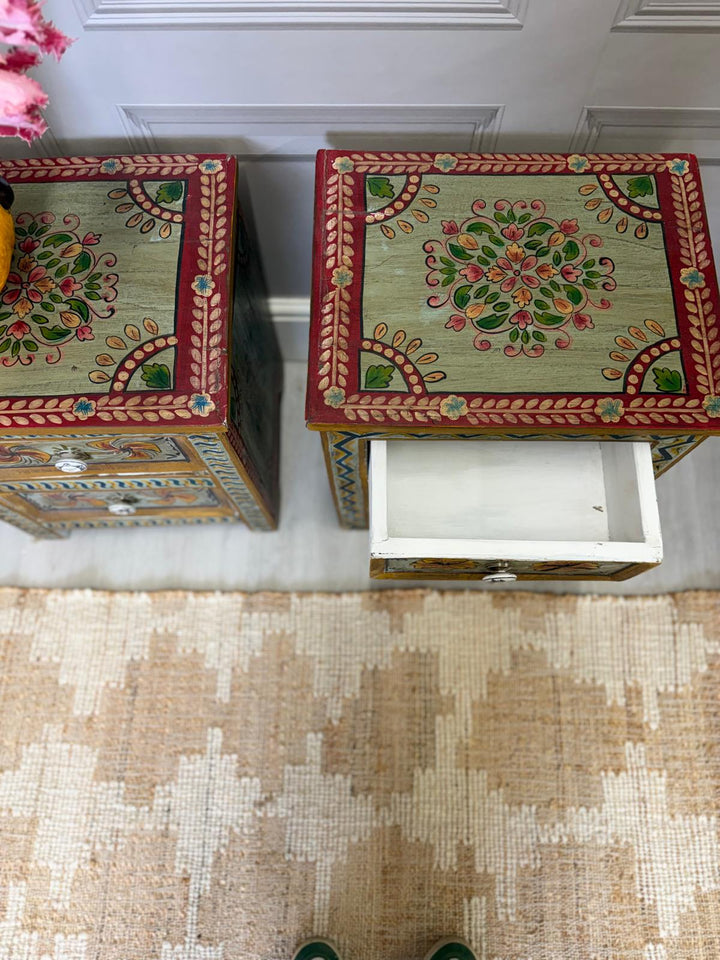 Pair of Hand-Painted Reclaimed Bedside Tables – 2 Drawers with Floral Motif