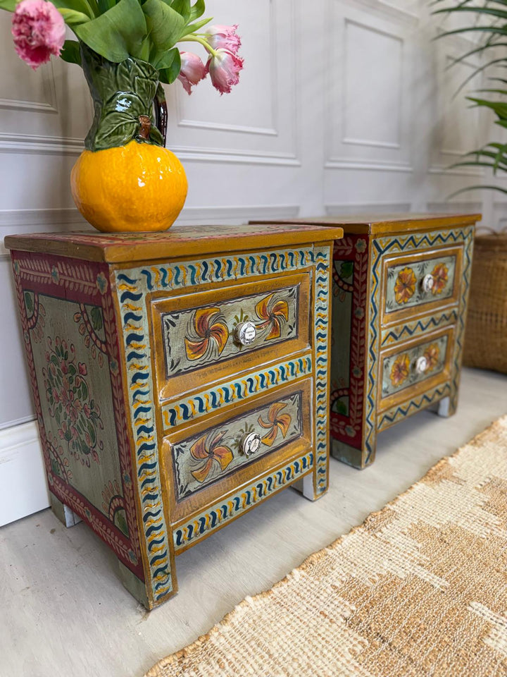 Pair of Hand-Painted Reclaimed Bedside Tables – 2 Drawers with Floral Motif