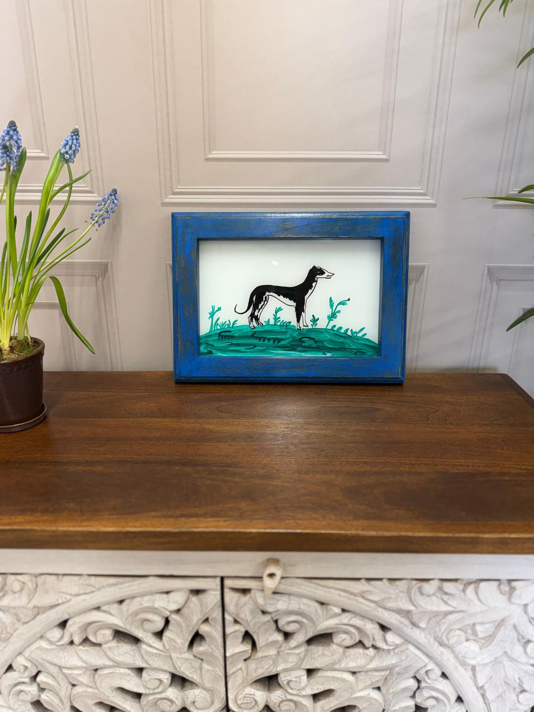 Hand-Painted Dog Oil Painting – Reclaimed Mango Wood Frame (27 x 37 cm)