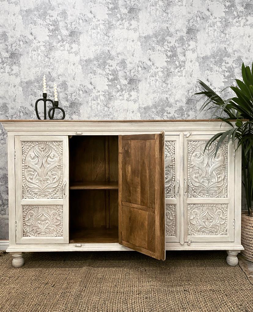 Four door carved sideboard whitewashed