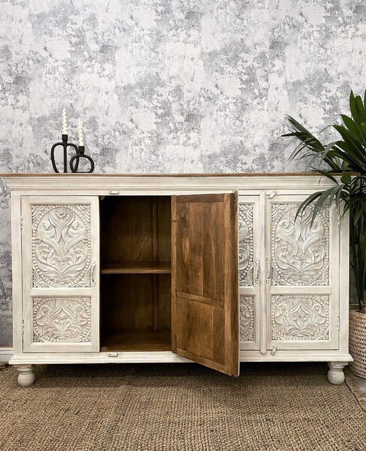 Four door carved sideboard whitewashed - (KHSD119WN)