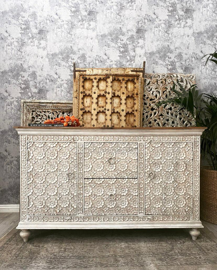 Hand Crafted Whitewashed Sideboard with Ornate Flower Carvings