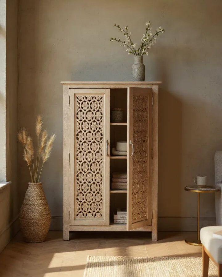Hand-Carved Mango Wood Two Door Armoire – Sandblasted Creamwash Finish