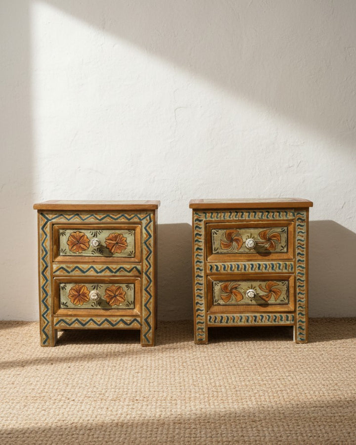Pair of Hand-Painted Reclaimed Bedside Tables – 2 Drawers with Floral Motif