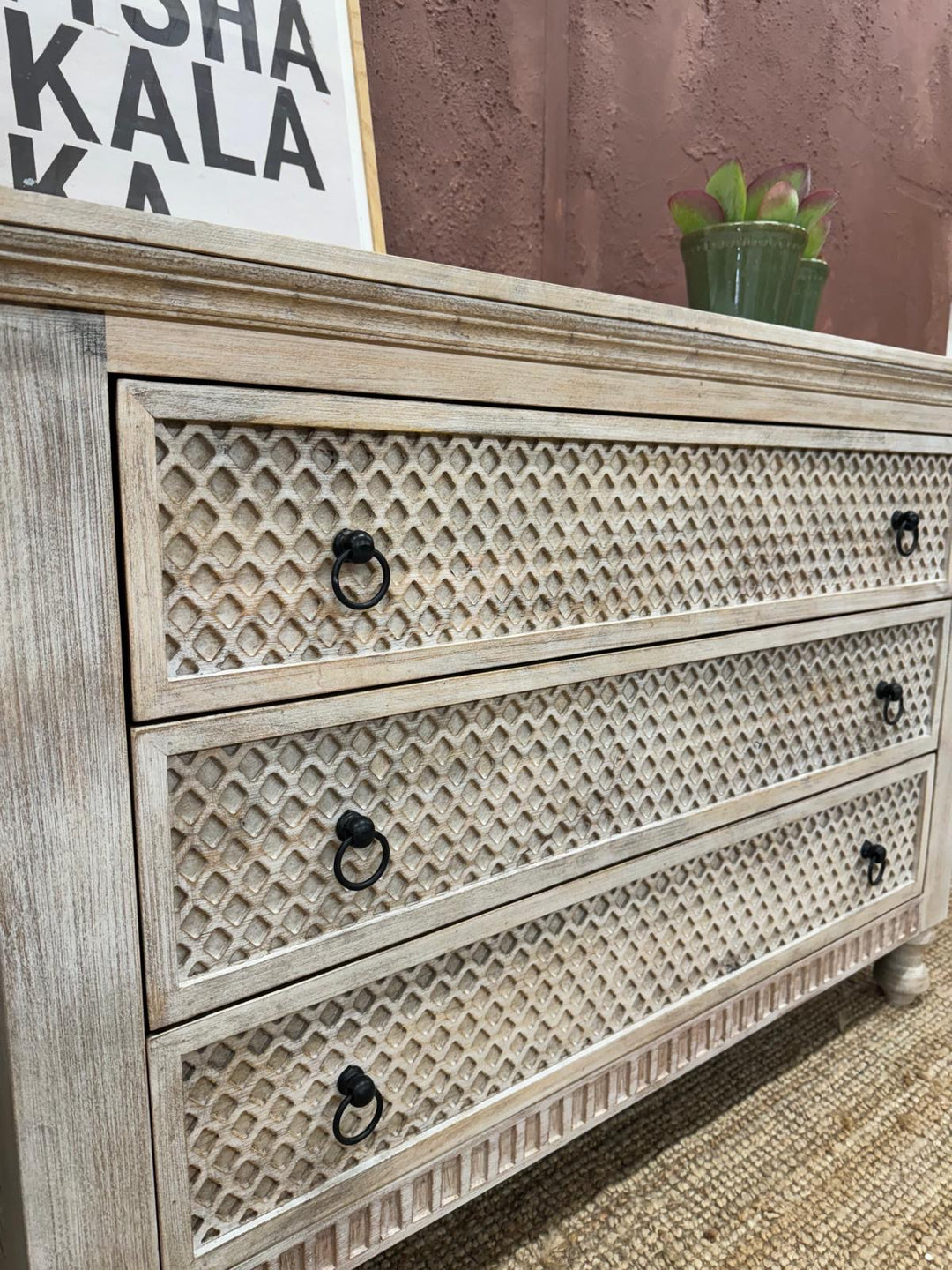 Handcrafted Carved Mango Wood Chest of Drawers