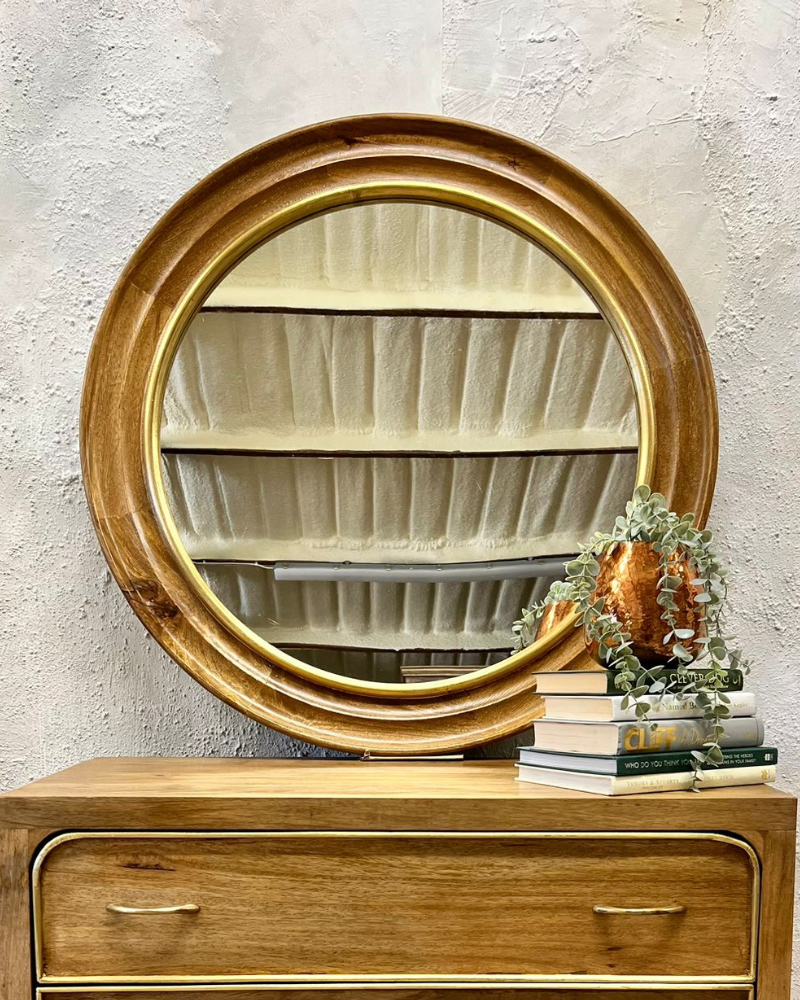 Polished Round Mango Wood Mirror