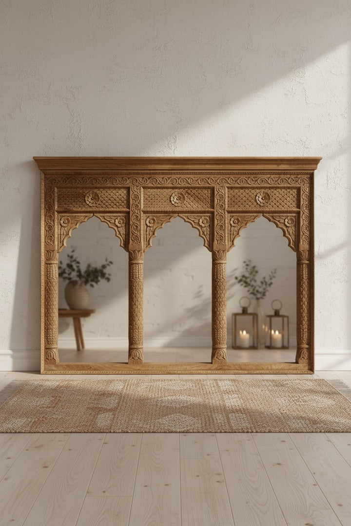 Hand-Carved Mango Wood Mirror – Triple Arch Design with Intricate Floral Carvings
