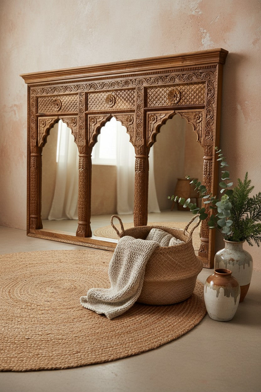 Hand-Carved Mango Wood Mirror – Triple Arch Design with Intricate Floral Carvings