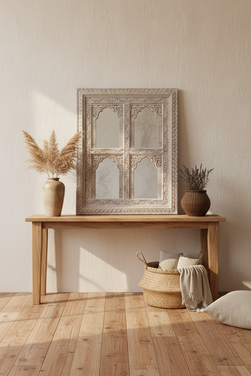 Four Panel Mango Wood Mirror – Creamwashed Arch Carved Design