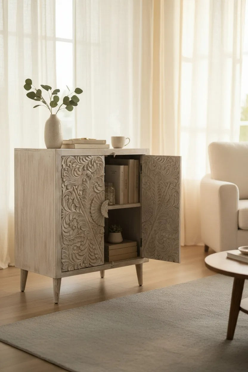 Wooden cabinet with decorative carvings in a living room setting