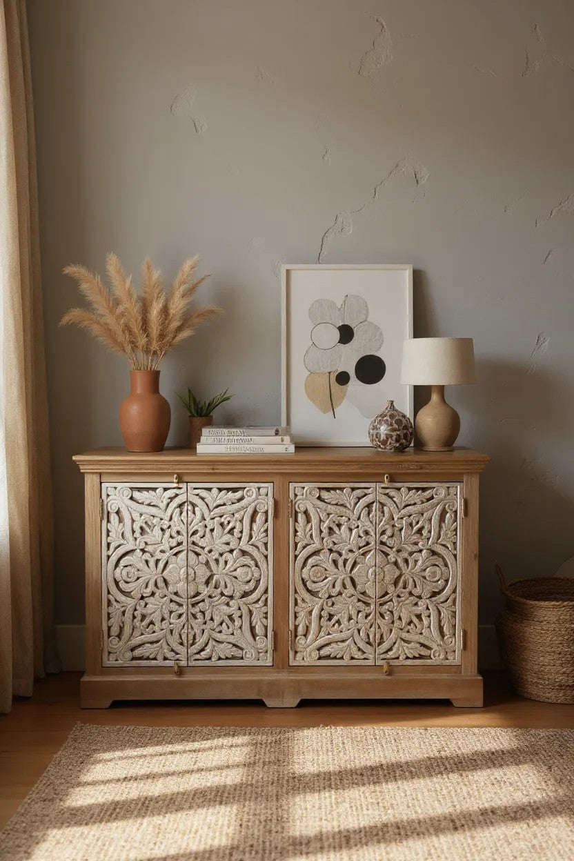 Hand-Carved Mango Wood Sideboard – Whitewashed Doors, Natural Mango Wood Finish