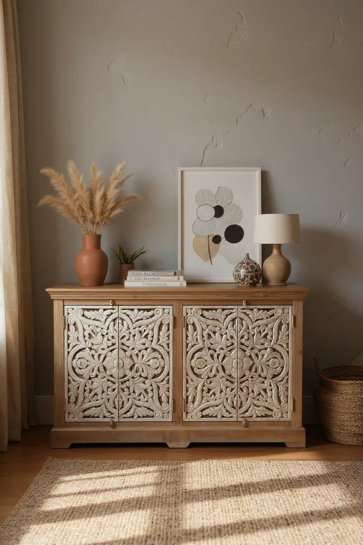 Hand-Carved Mango Wood Sideboard – Whitewashed Doors, Natural Mango Wood Finish