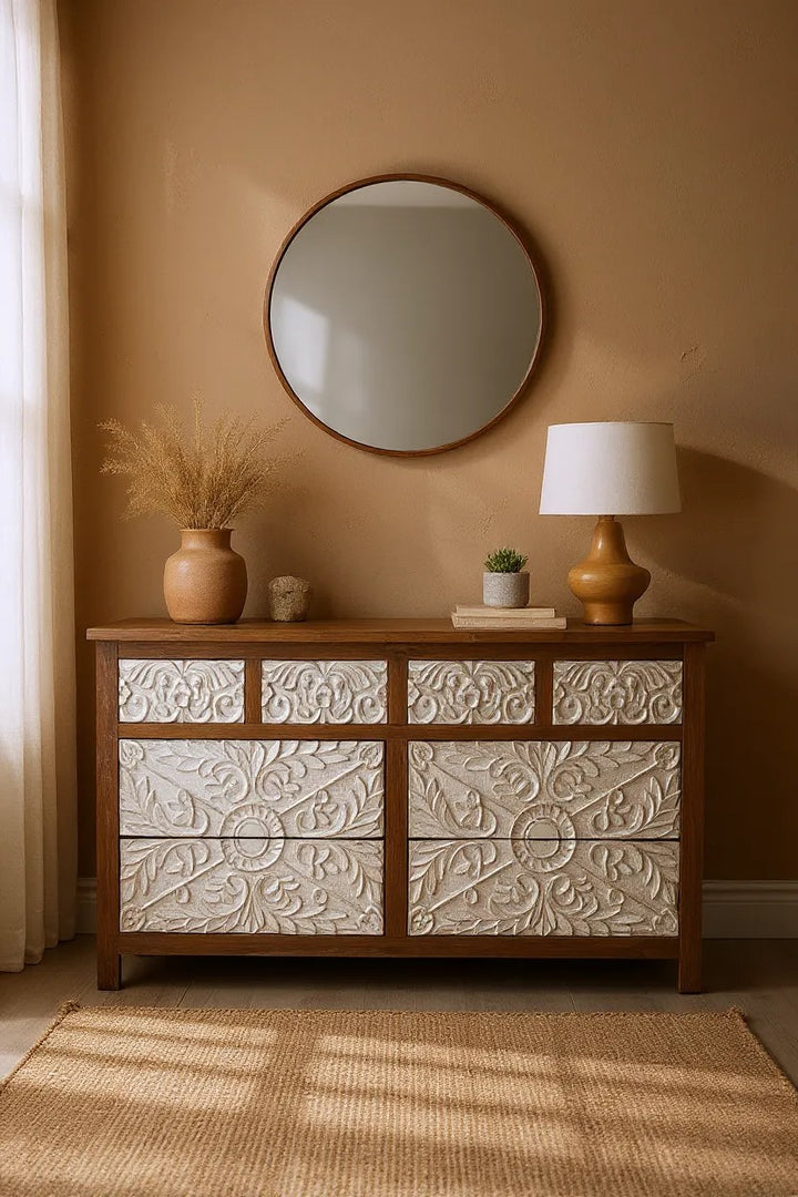 Hand-Carved Mango Wood Chest of Drawers – 8 Drawer Design with Whitewashed Drawers
