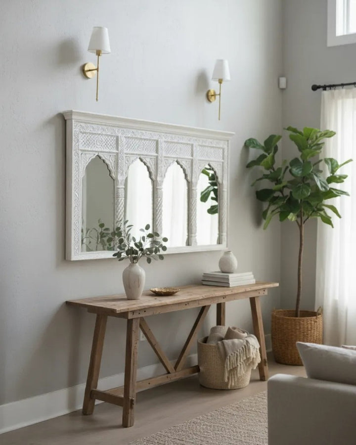 Hand-Carved Mango Wood 4 Arch Mirror – Traditional Temple-Inspired Design