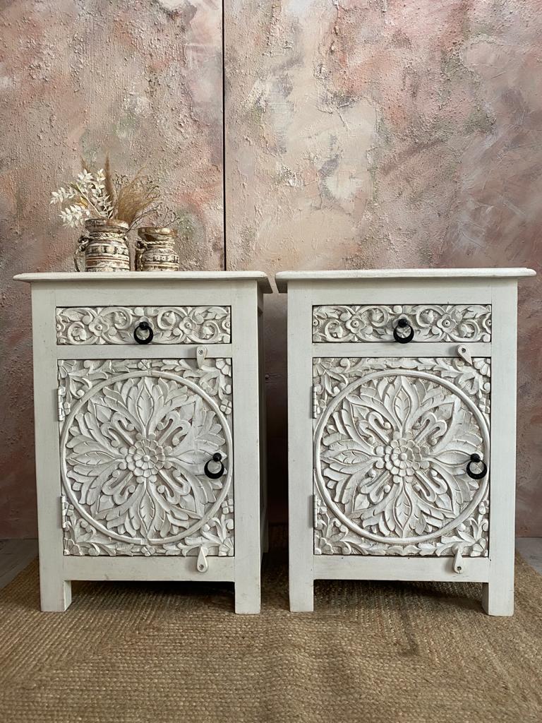 Pair of hand carved white bedside Tables