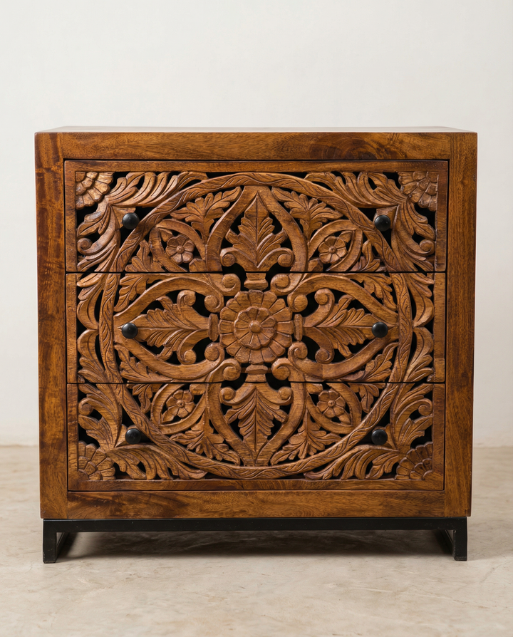 Hand-Carved Mango Wood 3 Drawer Chest – Floral Openwork Design