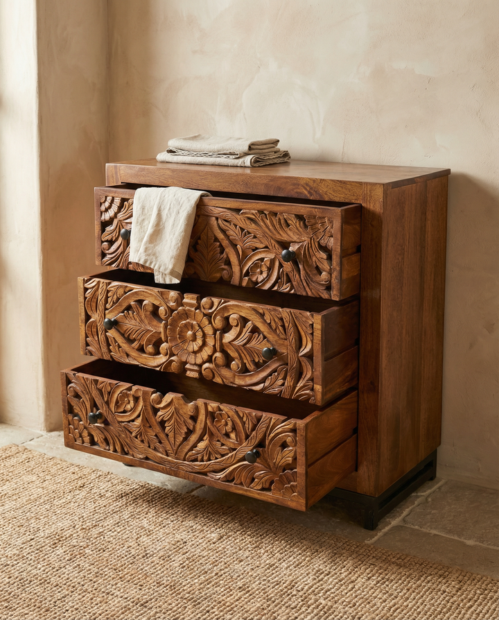 Hand-Carved Mango Wood 3 Drawer Chest – Floral Openwork Design