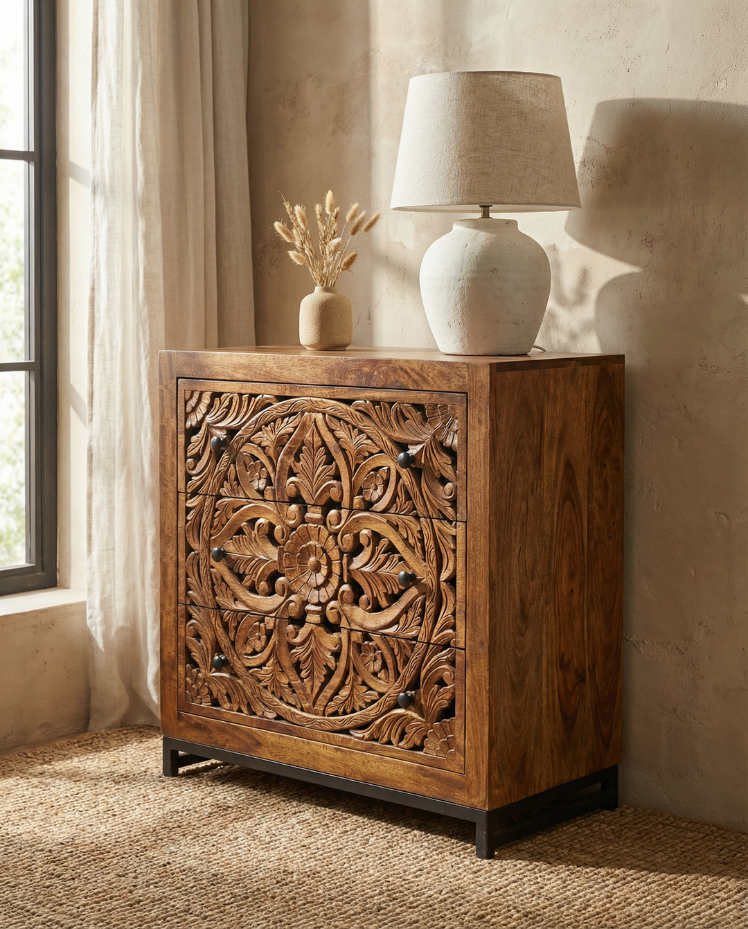 Hand-Carved Mango Wood 3 Drawer Chest – Floral Openwork Design