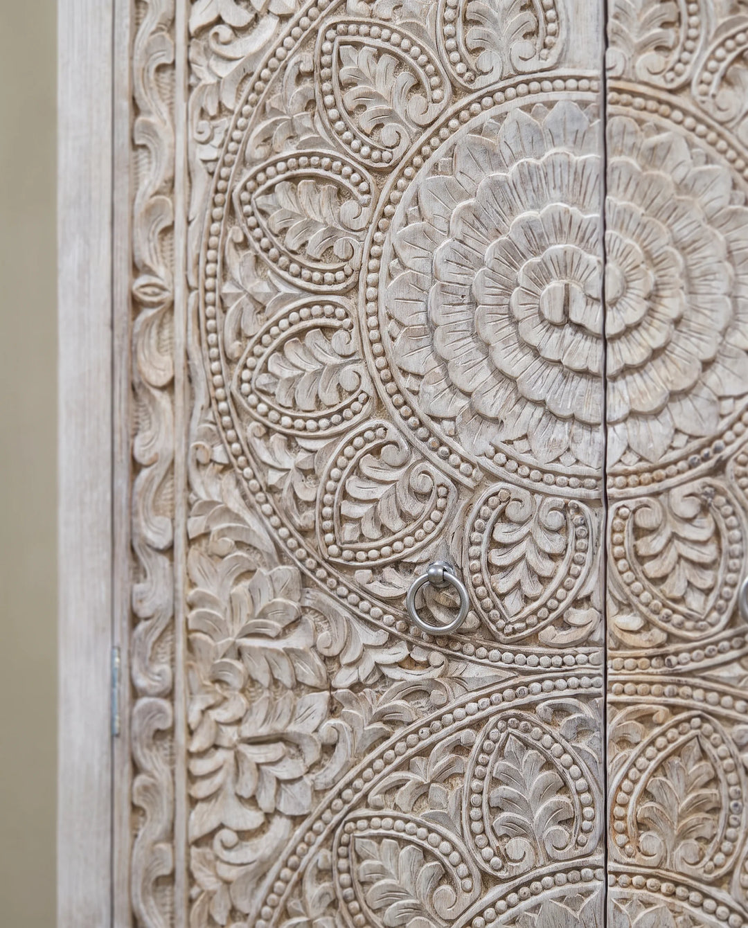 Creamwashed Mango Wood Wardrobe with Hand-Carved Floral Medallions