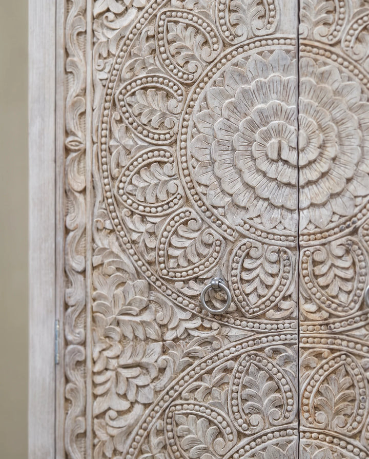 Creamwashed Mango Wood Wardrobe with Hand-Carved Floral Medallions