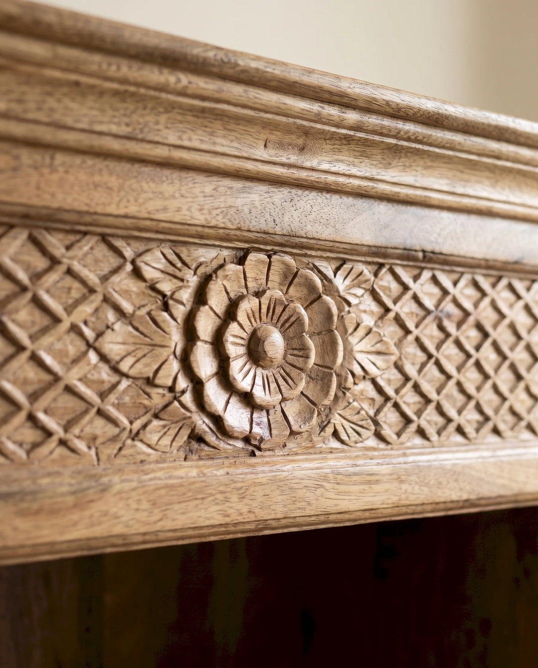 Hand-Carved Mango Wood Bookcase with Scalloped Arches &amp; Floral Detail
