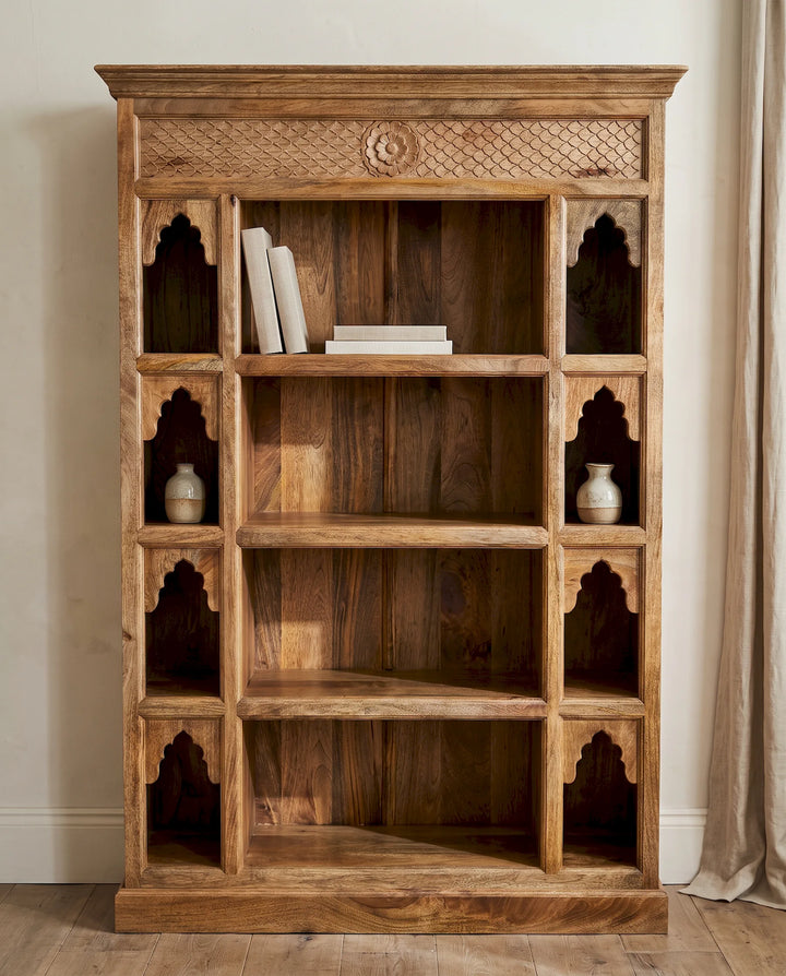 Hand-Carved Mango Wood Bookcase with Scalloped Arches &amp; Floral Detail