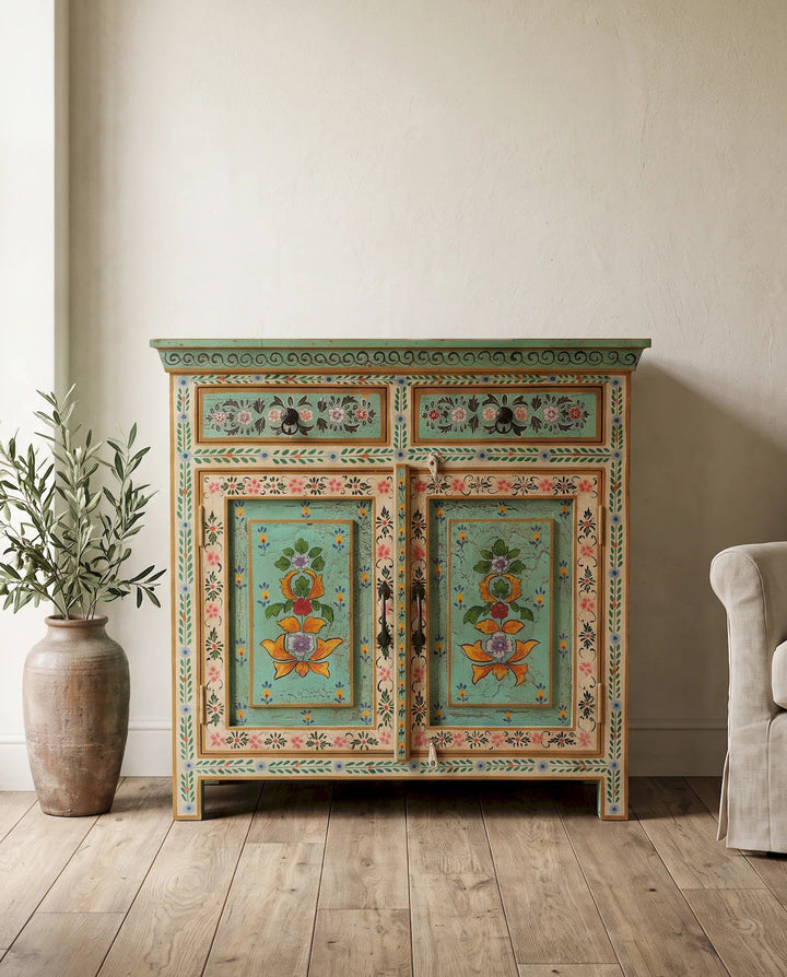Hand-Painted Floral Mango Wood Sideboard in Vintage Turquoise