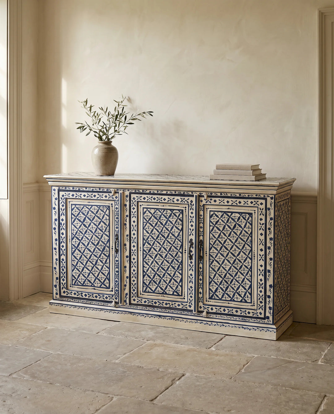 Hand-Painted Blue &amp; White Mango Wood 3 Door Sideboard