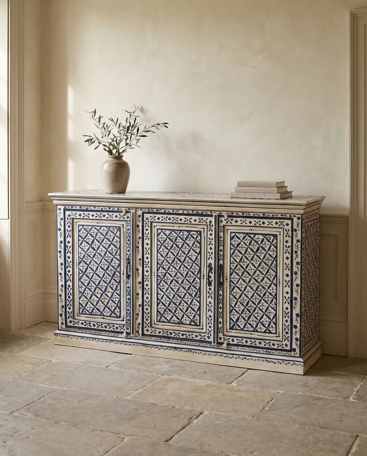 Hand-Painted Blue &amp; White Mango Wood 3 Door Sideboard