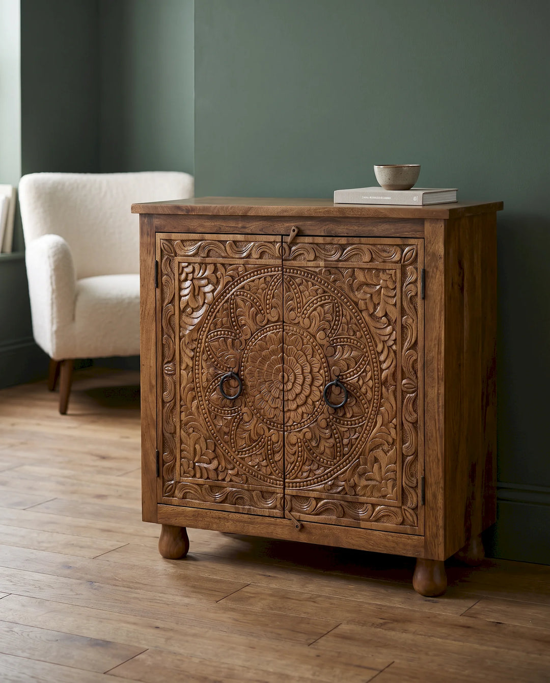 Natural Mango Wood Sideboard with Ornate Floral Medallion Doors