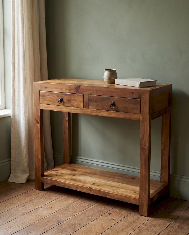 Vintage Reclaimed Mango Wood Console Table with Drawers &amp; Display Shelf