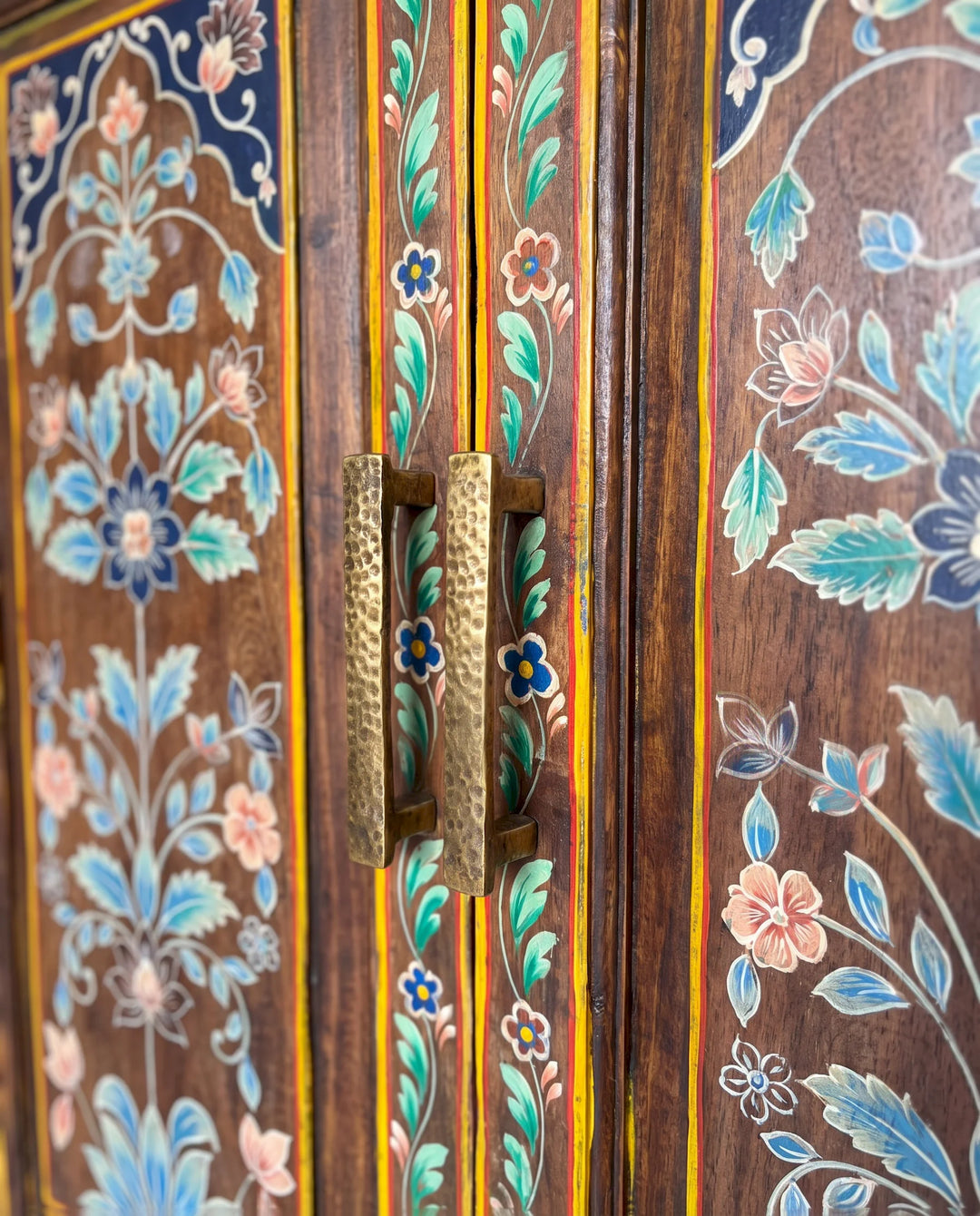 Hand-Painted Floral Mango Wood Armoire with Four Doors